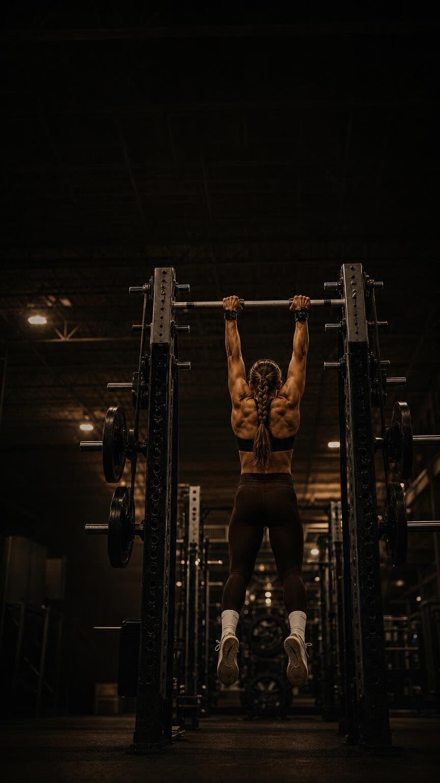 Mari Grossi hanging at full extension from the pull-up bar of a power rack in a dark gym