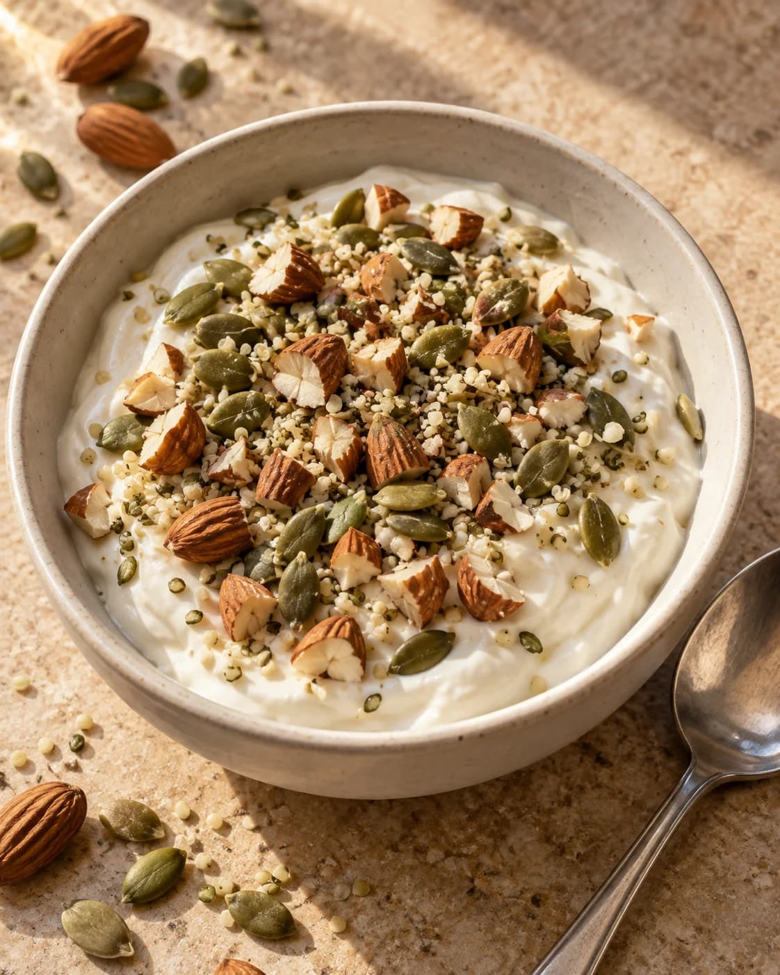 A bowl of yogurt with the nut and seed topping